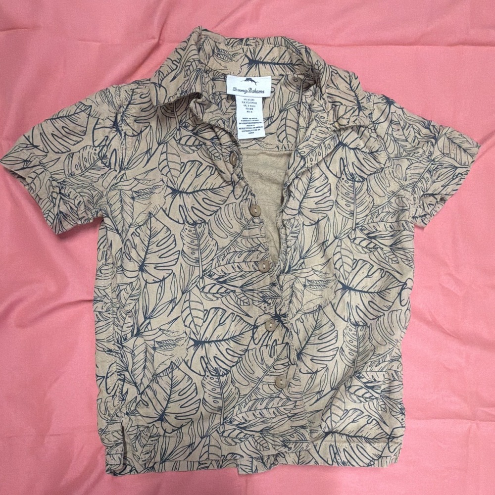 Tommy Bahama Boys Size 4 Beige/Blue Short Sleeve Tropical Floral Button-Up Shirt